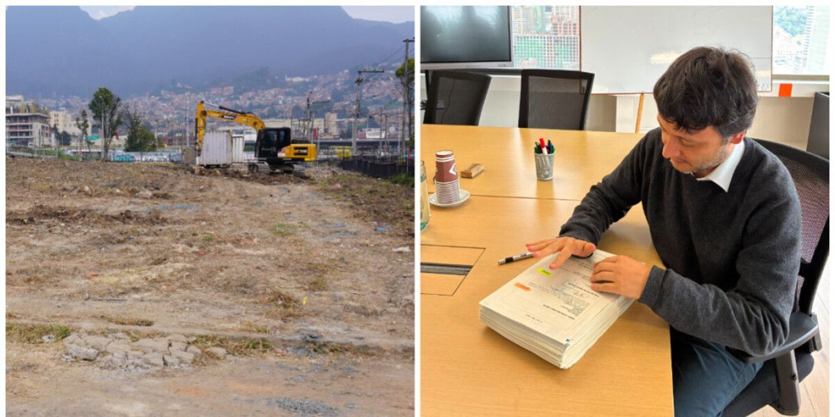 Imagen dividida: a la izquierda, terreno con excavadora; a la derecha, una persona revisa documentos en una mesa de oficina.