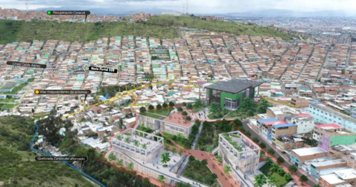 Vista aérea de un sector urbano con viviendas y un proyecto ilustrado de edificios, senderos y zonas verdes superpuesto a la imagen.